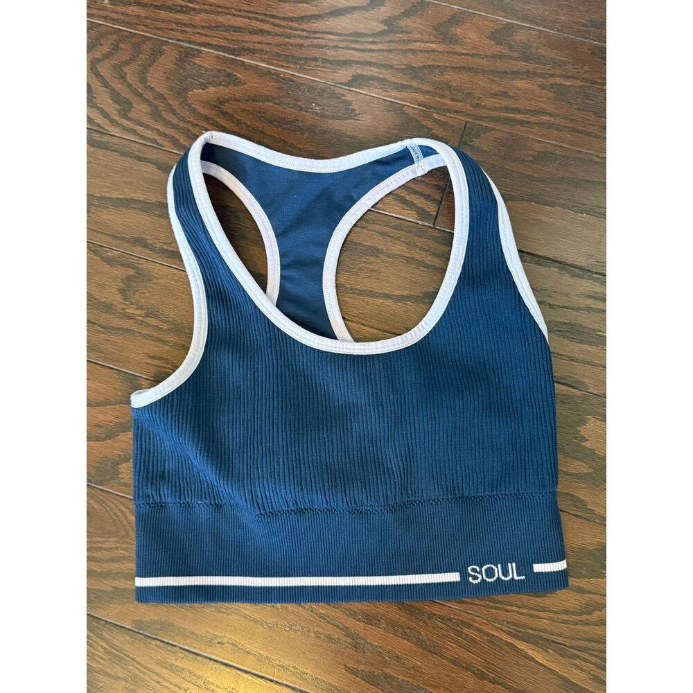 Soul Womens Ribbed Sports Bra Medium Blue Racerback Crop Athletic Yoga Top M